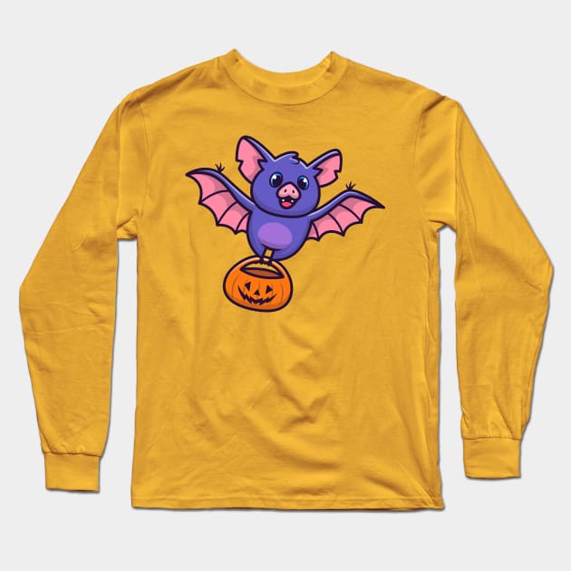 Cute Bat With Pumpkin Halloween Cartoon Long Sleeve T-Shirt by Catalyst Labs